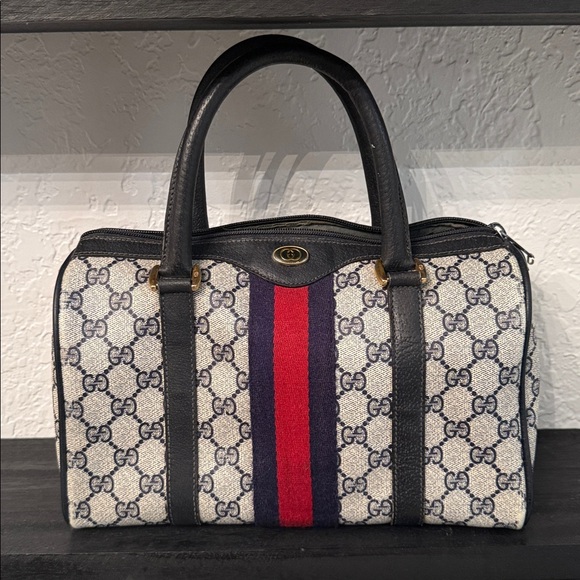Gucci Handbags - Vintage Gucci Beige and Navy Satchel with Red and Blue Stripe